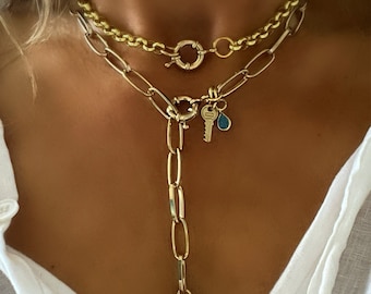 Gold Key and Teardrop Charm Necklace: 18K Plated Link Chain