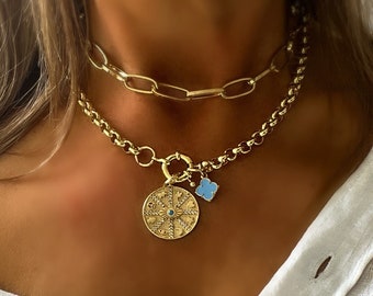 Collier rond en or avec fermoir à ressort, collier Good Vibes, collier de protection, collier mauvais œil, collier superposé