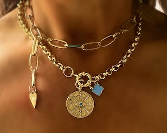 Gold Necklace with Evil Eye and Turquoise Clover Charm, Layered Celestial Protection Jewelry