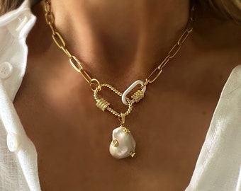 Charm Necklace, Link Chain Necklace, Pearl Necklace,paperclip Chain  Necklace, Carabiner Necklace, Gold Chunky Charm,pearl&shell 