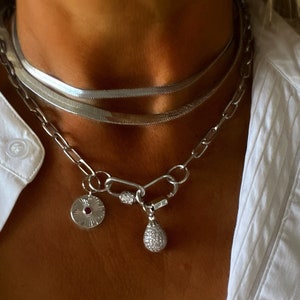 Disc and Teardrop necklace, silver carabiner necklace, silver charms  necklace