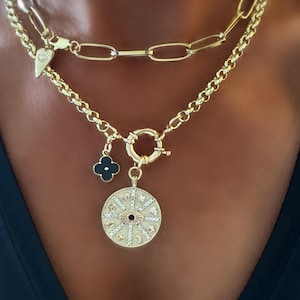 Gold Chunky Chain Necklace with Evil Eye Celestial Coin and Black Clover Charm
