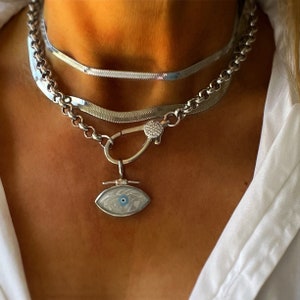 Silver eye charm necklace, silver belcher chain,Silver lobster clasp necklace, Rolo chain necklace,Chunky chain charm necklace,Protection