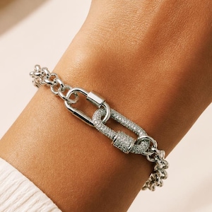 Silver Pave Lock Rolo Chain Bracelet, Glam Statement Jewelry