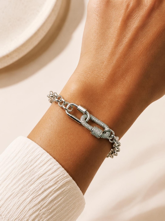 Silver Pave Lock Rolo Chain Bracelet, Glam Statement Jewelry