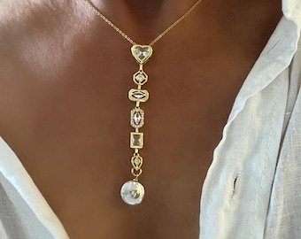 Collar largo dorado con colgante de corazón y circonitas cúbicas, gargantilla de capas, collar llamativo y delicado.