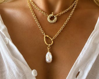 Baroque Pearl  Necklace Gold Belcher Chain, Chunky Layered Necklace Women