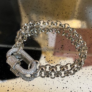 Silver carabiner bracelet, rolo chain bracelet,lock bracelet,charm bracelet,screw clasp bracelet,micro pave carabiner bracelet, silver