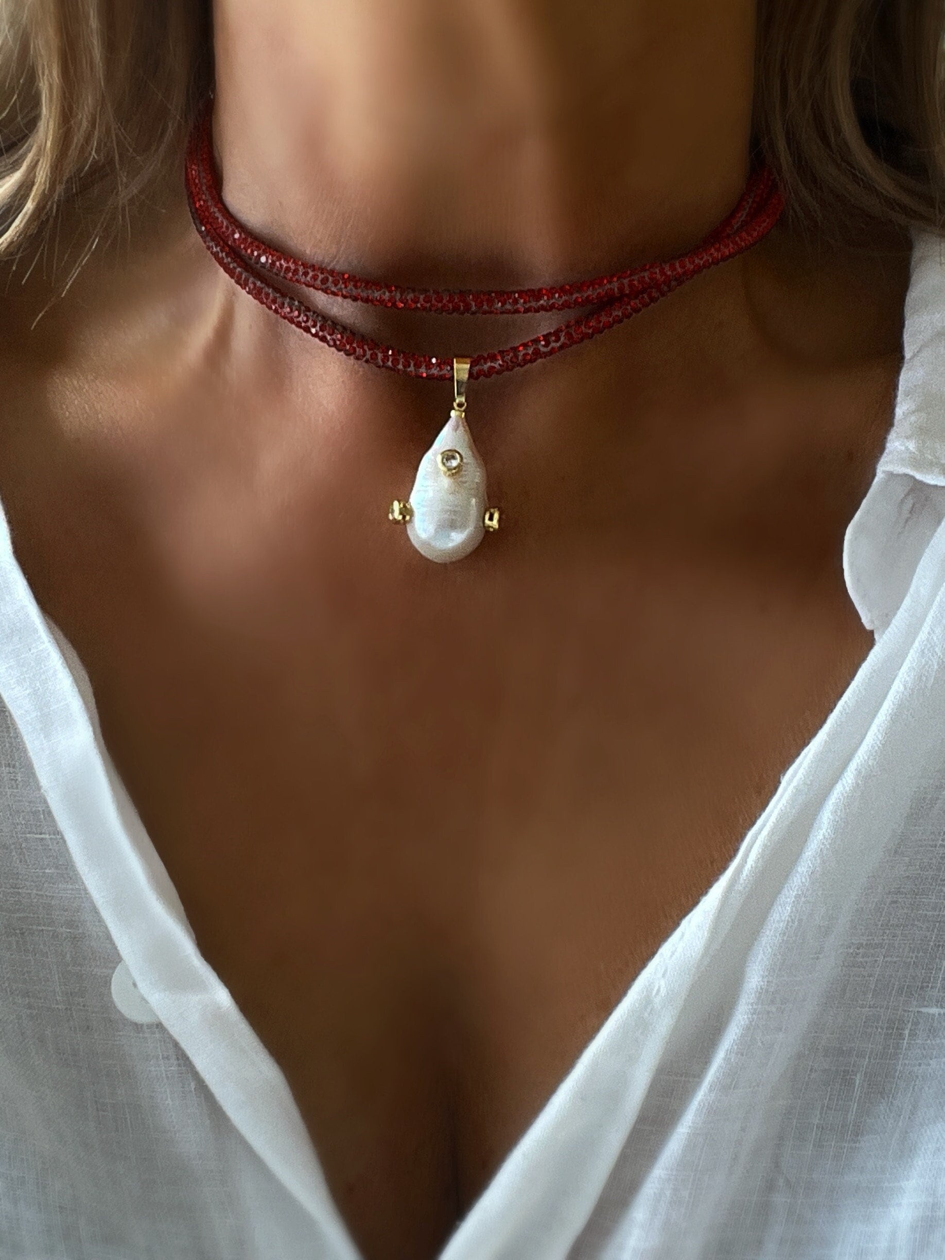 Baroque Pearl CZ Wrap Necklace: Red Rope Rhinestone Embellished