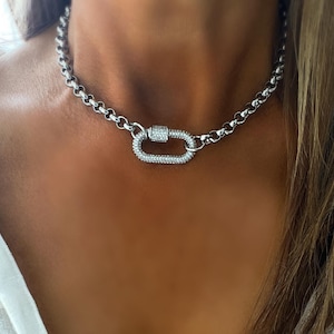 Silver Pave Carabiner Necklace, Chunky Rolo Chain Choker, Statement Link Jewelry