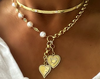Pearl heart charm necklace,Pearl diamond station necklace