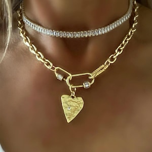 Gold Heart Charm Necklace: Carabiner Clasp, CZ Detail