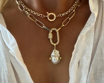 Baroque Pearl Necklace, Gold Large Link Chain with Pave Carabiner Clasp, Statement Layering Jewelry