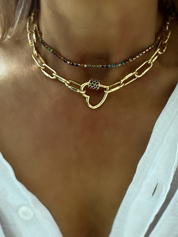 Puffy Heart Necklace, Zircon Carabiner Necklace, Paperclip