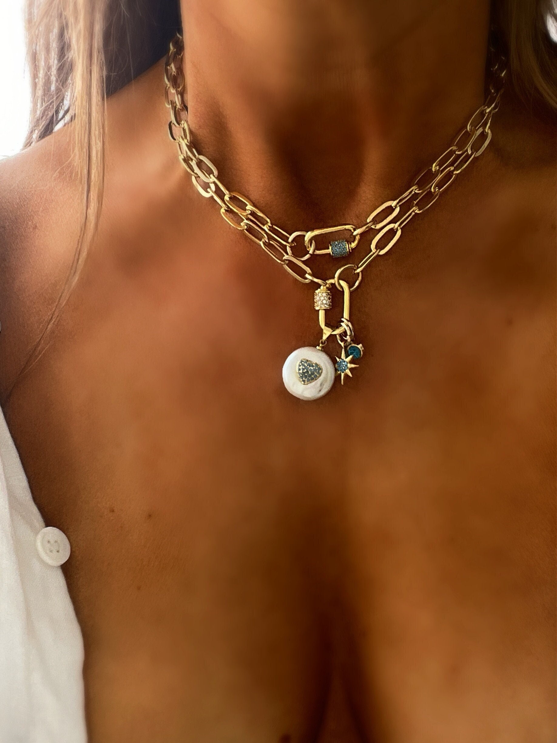 Gold Pearl Charm Necklace, Paper Link Chain with Starburst and Crystal Charms, Layered Statement Jewelry Gift
