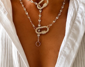 Collana tennis con castone rotondo in oro o argento, collana con moschettone tempestato di pavé, elegante gioiello regolabile