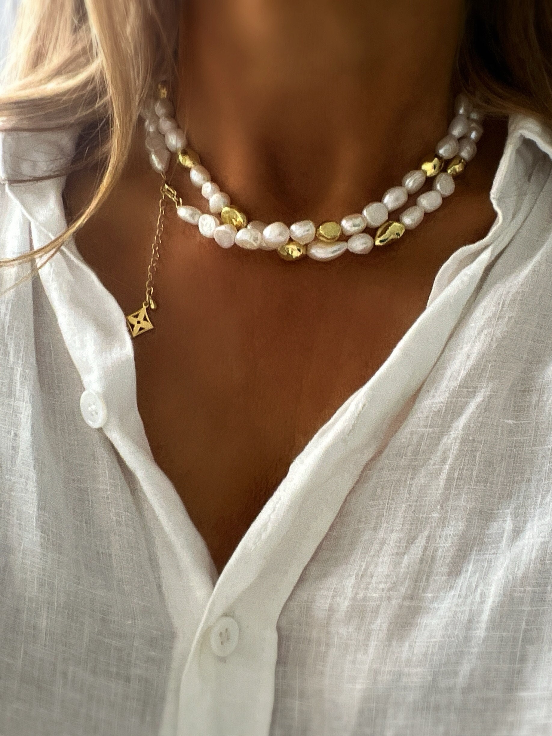 Pearl and Gold Nugget Necklace - Etsy