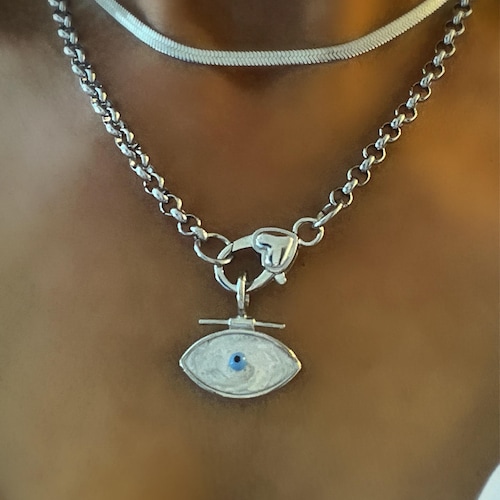 Silver Evil Eye Necklace with Heart Toggle Clasp, Protection Talisman Pendant,Statement Jewelry Gift