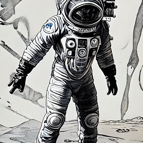 The Lone Spaceman on the moon ,retro,nostalgia  50s,60s-fantasy sc-fi  monochrome scene in space