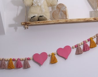 Garland with tassels 95 cm, wooden beads and two wooden hearts decoration children's room wedding wall decoration