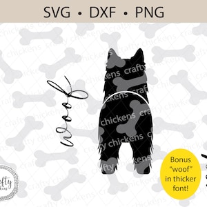 Könnte beinhalten: Schwarze Silhouette eines Hundes mit dem Wort "woof" in kursiver Schrift auf der linken Seite des Bildes. Das Wort "woof" ist auch in einer dickeren Schrift im unteren rechten Eck des Bildes geschrieben. Der Hintergrund ist ein Muster aus weißen Knochen auf grauem Hintergrund.