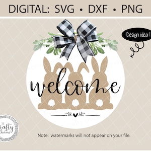 Bienvenue PNG SVG DXF / lapins de printemps / numérique + fichier découpé au laser / Cricut Silhouette Glowforge cnc / fichier de plaque de porte rond / lapin / Pâques