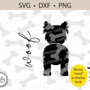May include: Black silhouette of a dog with the word "woof" written in cursive on either side of the dog. The background is a pattern of white bones on a gray background. The text "Bonus "woof" in thicker font!" is in a yellow box at the bottom of the image.