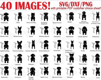 Op de afbeelding: Een digitale download van 40 zwart-wit silhouetbeelden van verschillende hondenrassen, elk met het woord "woof" in cursief. De afbeeldingen zijn gerangschikt in een raster van vier rijen en tien kolommen. De tekst "40 IMAGES! SVG/DXF/PNG met printbare PDF-keuzelijst voor klanten!" staat bovenaan de afbeelding.