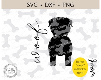 May include: Black silhouette of a dog with a bone pattern, standing on a white background with a bone pattern. The text "Woof" is written in a black cursive font on the right side of the image. The text "Bonus "woof" in thicker font!" is written in a yellow box on the bottom right side of the image.