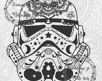 May include: Black and white illustration of a Star Wars Stormtrooper helmet decorated with a sugar skull design. The helmet is adorned with intricate floral patterns, stars, and crescent moons.