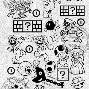 Digitaler Download inspiriert von Mario Spielbilder einfarbige Collagenbild Gaming cut Datei SVG JPeg Jpg PNG Silhouette Cricut