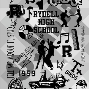Digitale download geïnspireerd door Grease collage enkellaags afbeelding gesneden bestand SVG JPeg Jpg PNG silhouet film musical jaren 1950 Sandy Danny Rydell