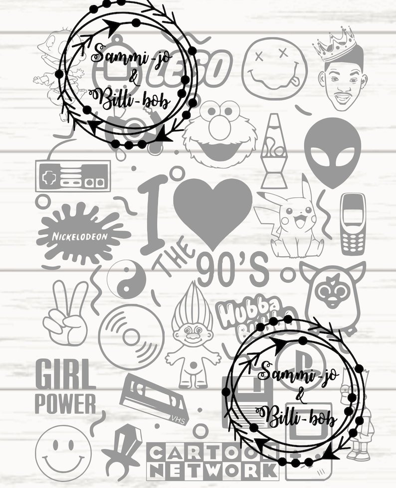 May include: A black and white illustration of various 90s pop culture icons, including a smiley face, a troll doll, a lava lamp, a Game Boy, a cassette tape, a peace sign, a yin yang symbol, a Nickelodeon logo, a cartoon network logo, a Pikachu, a  'Girl Power' slogan, and the text 'I love the 90's'.