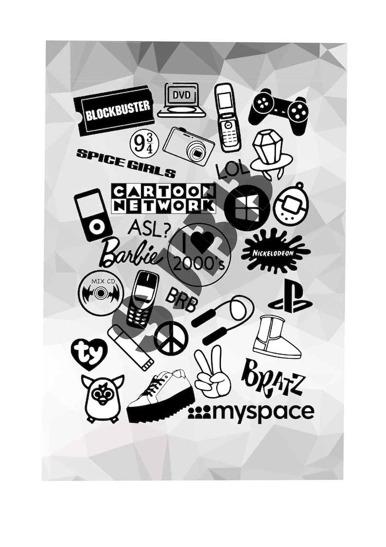 May include: Black and white graphic design featuring icons and logos from the 2000s, including Blockbuster, Spice Girls, Cartoon Network, Barbie, and Bratz. Other elements include a DVD, a flip phone, and a peace sign.