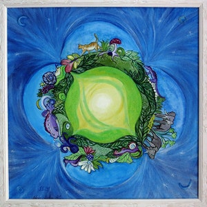 Peinture à l'huile originale avec cadre, globe avec chat, éléphant, animaux, image originale directe de l'artiste