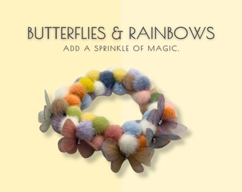 Collier papillon et animal de compagnie arc-en-ciel : bijoux pompons faits main pour chien