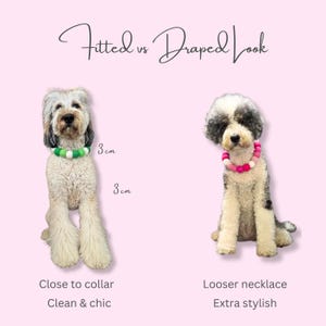 May include: Two dogs wearing beaded necklaces are shown against a pink background. One dog wears a green and white necklace close to the collar, and the other wears a pink necklace in a looser style. The text reads "Fitted vs Draped Look."