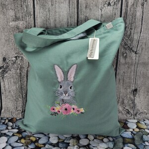 XL Bestickte Tasche Hase mit Blumen Segeltuch Canvas