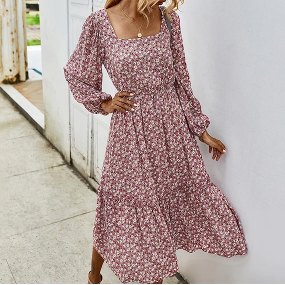 Autumn Long Sleeve Floral Midi Dress Women Cotton Elastic Waist Slim Black Pink Green Dresses elegant Fall Fashion Casual Clothes Etsy