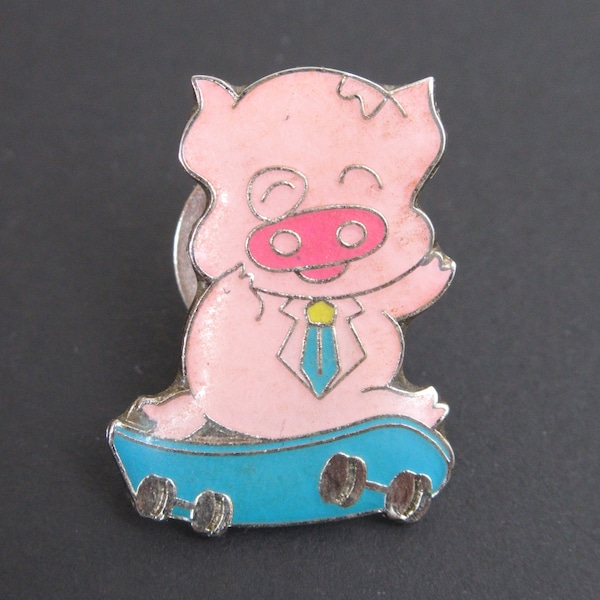 Skateboarding Pig Badge, Silvertone Metal and Enamel