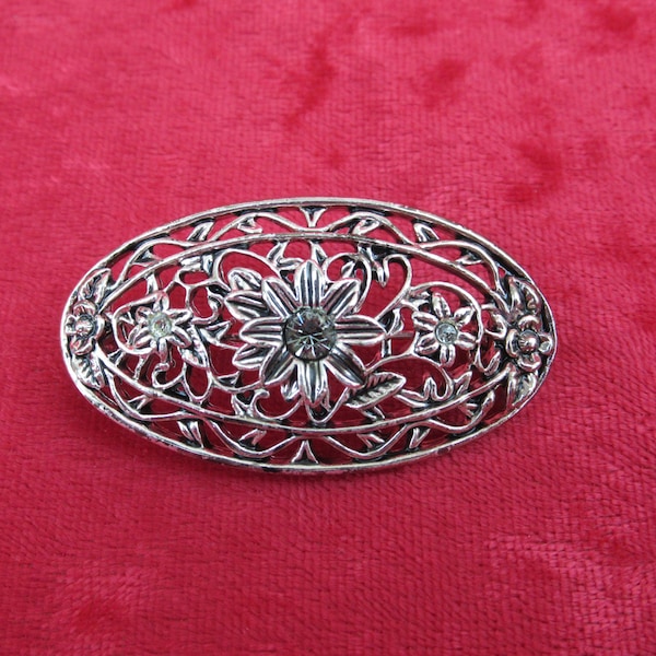 Vintage Silver Colour Oval Brooch, Flower Motif, Clear Stones