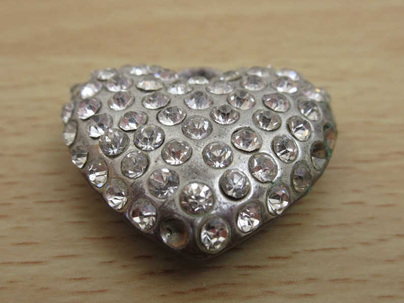 Many Round Cut Diamante Vintage Heavy Heart Shaped Pendant Silvertone and Bronzetone Metal