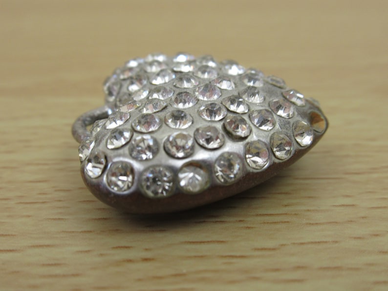 Many Round Cut Diamante Vintage Heavy Heart Shaped Pendant Silvertone and Bronzetone Metal