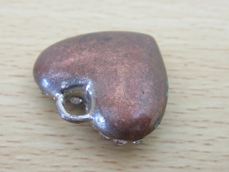 Many Round Cut Diamante Vintage Heavy Heart Shaped Pendant Silvertone and Bronzetone Metal