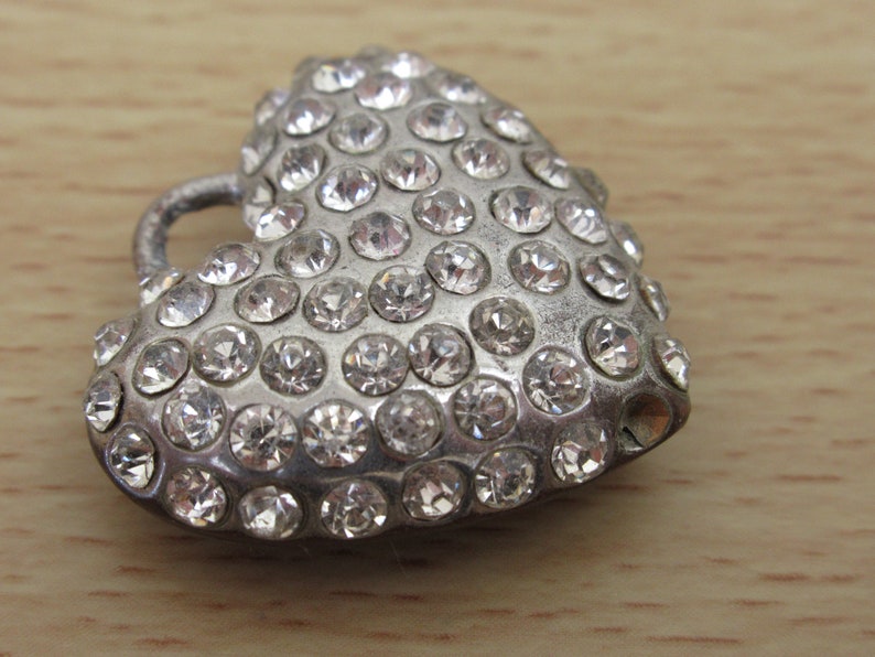 Many Round Cut Diamante Vintage Heavy Heart Shaped Pendant Silvertone and Bronzetone Metal