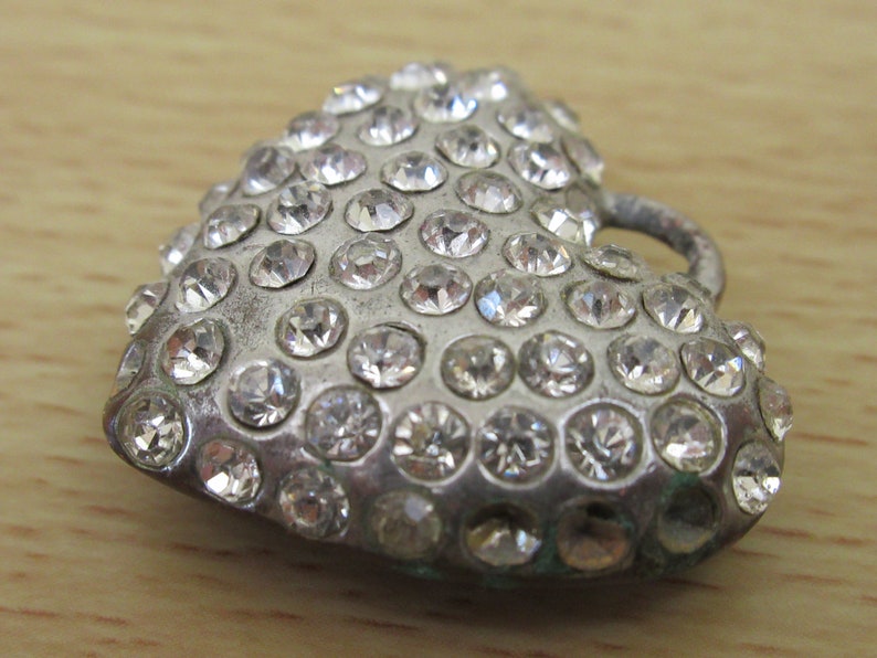 Many Round Cut Diamante Vintage Heavy Heart Shaped Pendant Silvertone and Bronzetone Metal