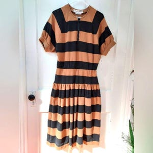 Vintage 70s Lillie Rubin Horizontal Striped Black and Tan Cotton Jersey Dress S