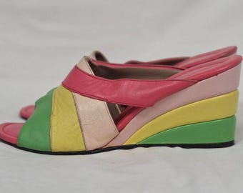 Vintage Fredericks of Hollywood Pastel Rainbow Wedge Slippers 7/7.5
