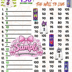 May include: A digital tracking sheet featuring the text 130 IN EVERY ROW and SUDDENLY I HAVE THE WILL TO LIVE. The design includes illustrations of ghosts, pink bows, and Alani energy drink cans, with a numbered list from 1 to 15 and columns of numbers.