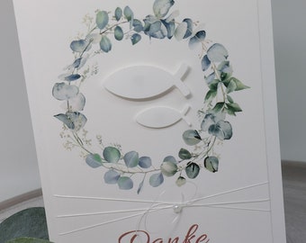 10 x Thank you cards for communion/confirmation/baptism - fish - eucalyptus - set